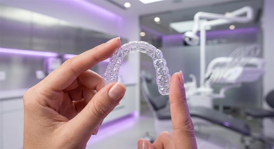 Alineador dental transparente sostenido en primer plano dentro del consultorio